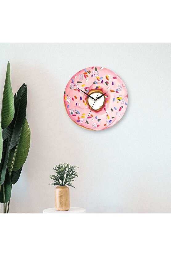 Dekoratif Pembe Donut Yuvarlak Ahşap Duvar Saati
