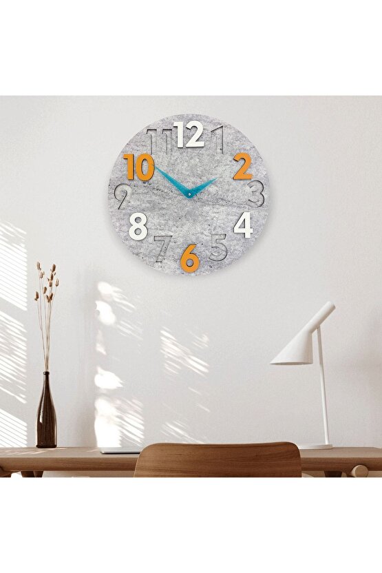 Modern Yuvarlak Gri Desen Turuncu Beyaz 40 Cm Duvar Saati