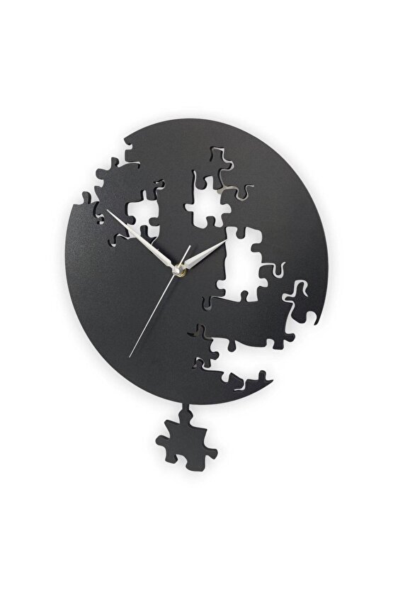 Siyah Puzzle Desenli Modern Sallanan Sarkaçlı Duvar Saati