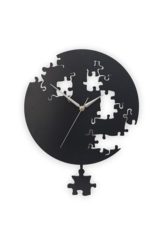Siyah Puzzle Desenli Modern Sallanan Sarkaçlı Duvar Saati