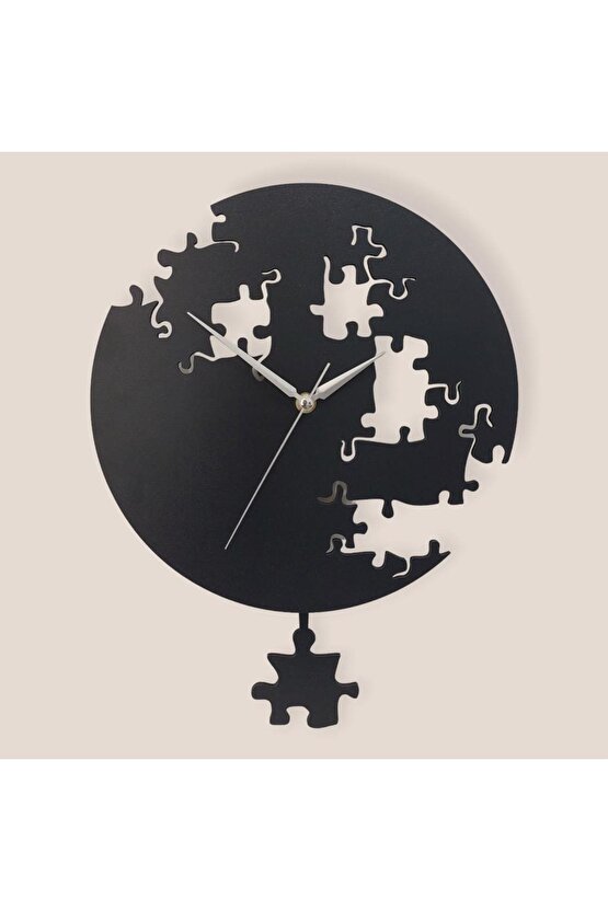 Siyah Puzzle Desenli Modern Sallanan Sarkaçlı Duvar Saati