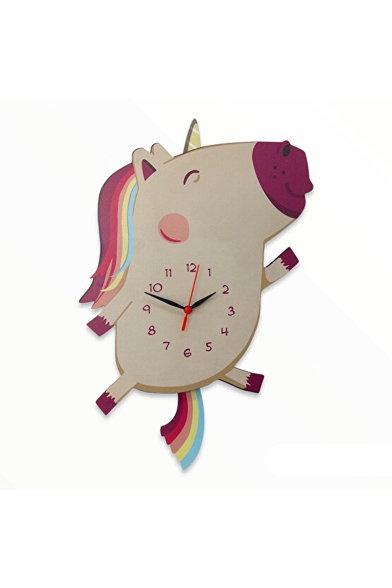 Ahşap Sallanan Sarkaçlı Unicorn Çocuk Odası Duvar Saati