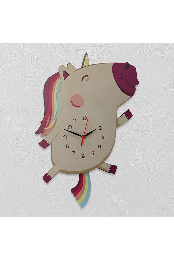 Ahşap Sallanan Sarkaçlı Unicorn Çocuk Odası Duvar Saati
