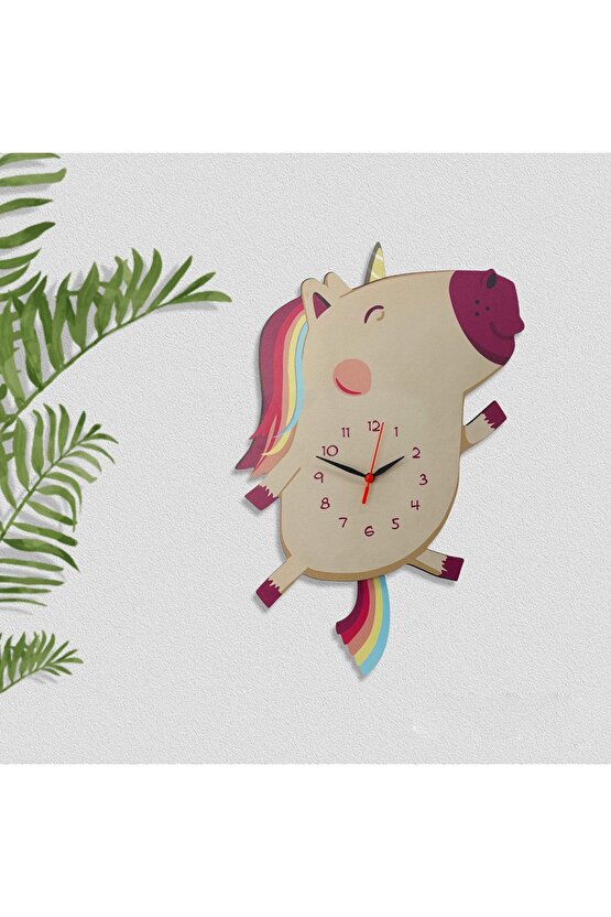 Ahşap Sallanan Sarkaçlı Unicorn Çocuk Odası Duvar Saati