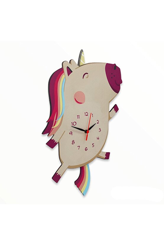 Ahşap Sallanan Sarkaçlı Unicorn Çocuk Odası Duvar Saati