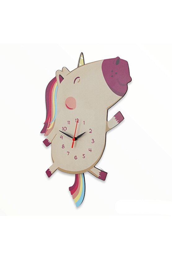 Ahşap Sallanan Sarkaçlı Unicorn Çocuk Odası Duvar Saati