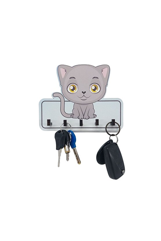 Dekoratif Gri Sevimli Kedi Ahşap Anahtarlık Hol Askılık