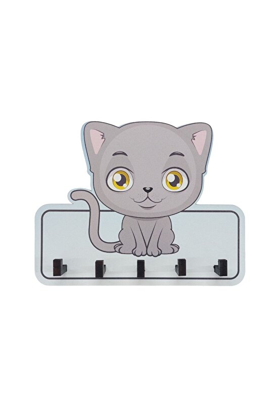 Dekoratif Gri Sevimli Kedi Ahşap Anahtarlık Hol Askılık