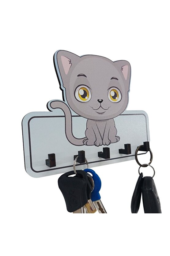 Dekoratif Gri Sevimli Kedi Ahşap Anahtarlık Hol Askılık