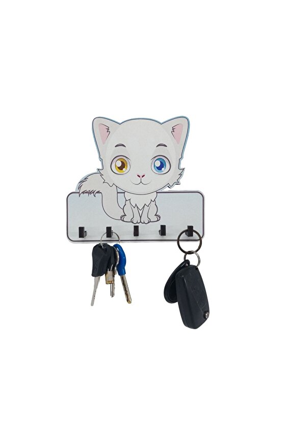 Dekoratif Sevimli Beyaz Kedi Ahşap Anahtarlık Hol Askı