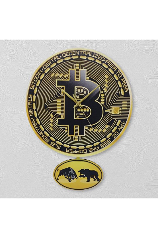 Bitcoin Temalı Sallanan Sarkaçlı Ahşap Duvar Saati Hediye