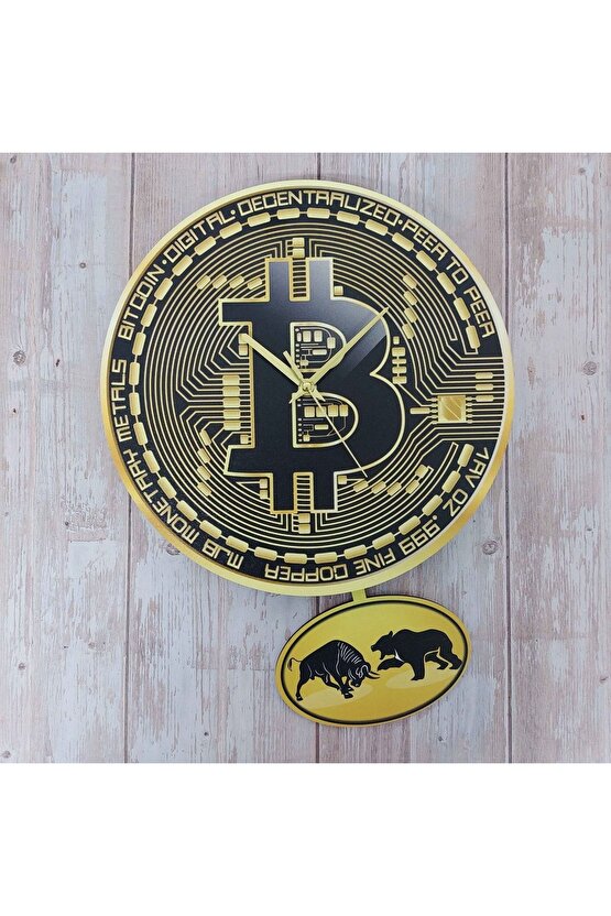 Bitcoin Temalı Sallanan Sarkaçlı Ahşap Duvar Saati Hediye