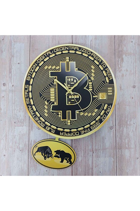 Bitcoin Temalı Sallanan Sarkaçlı Ahşap Duvar Saati Hediye