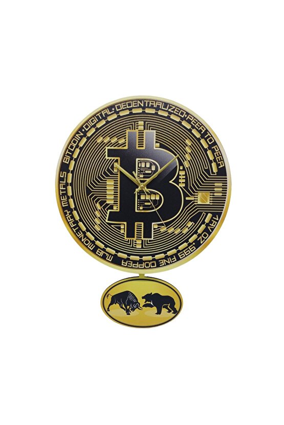 Bitcoin Temalı Sallanan Sarkaçlı Ahşap Duvar Saati Hediye