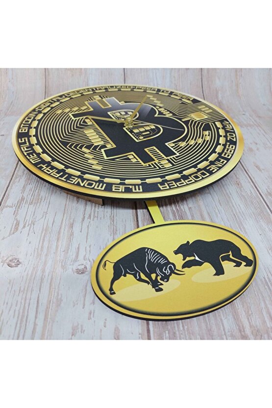 Bitcoin Temalı Sallanan Sarkaçlı Ahşap Duvar Saati Hediye