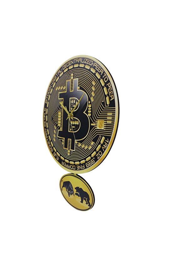 Bitcoin Temalı Sallanan Sarkaçlı Ahşap Duvar Saati Hediye
