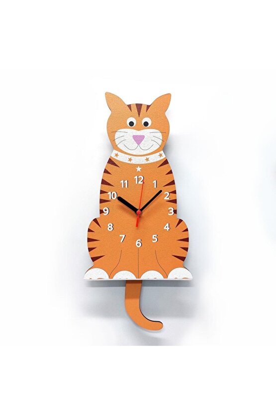 Ahşap Sallanan Sarkaçlı Tekir Kedi Çocuk Odası Duvar Saati