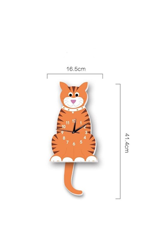 Ahşap Sallanan Sarkaçlı Tekir Kedi Çocuk Odası Duvar Saati
