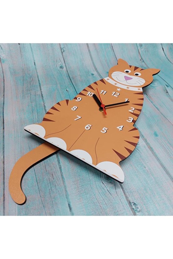 Ahşap Sallanan Sarkaçlı Tekir Kedi Çocuk Odası Duvar Saati