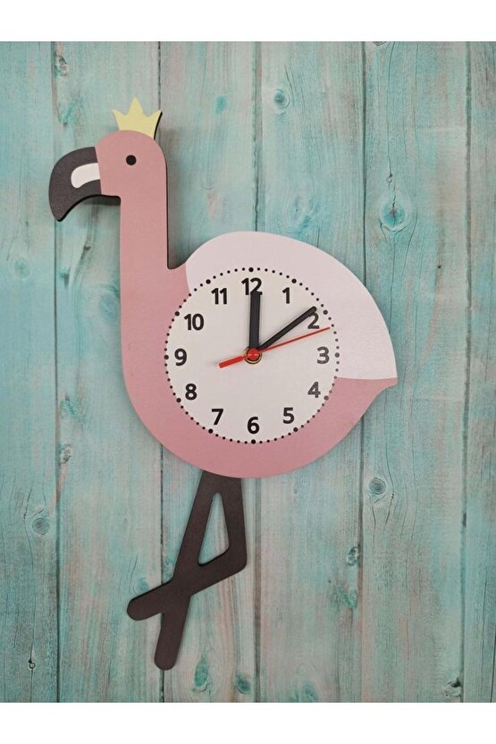 Sallanan Sarkaçlı Flamingo Desenli Çocuk Odası Duvar Saati