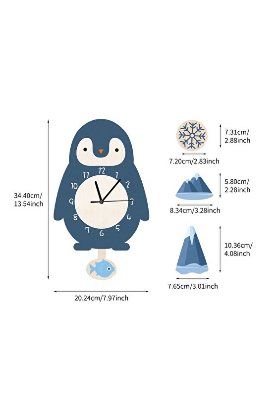 Sallanan Sarkaçlı Penguen Desenli Çocuk Odası Duvar Saati