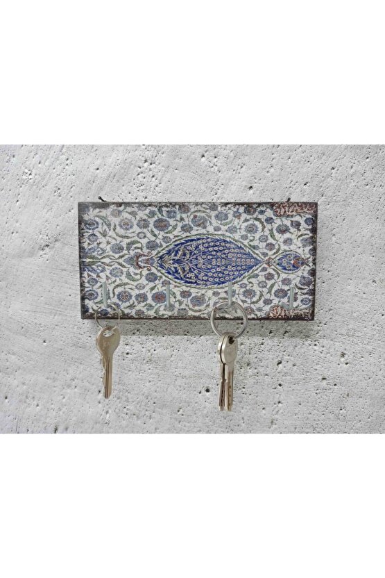 Dekoratif Ahşap Anahtarlık Askılık Çini Mavi Desen