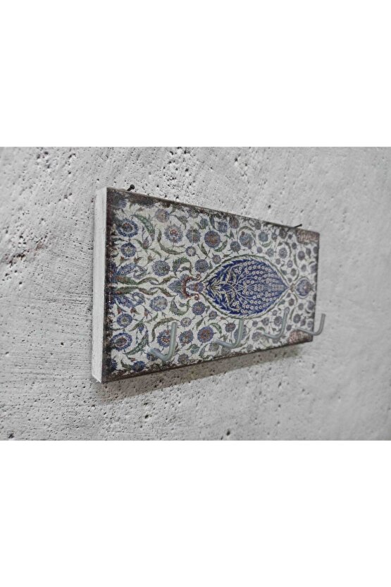 Dekoratif Ahşap Anahtarlık Askılık Çini Mavi Desen