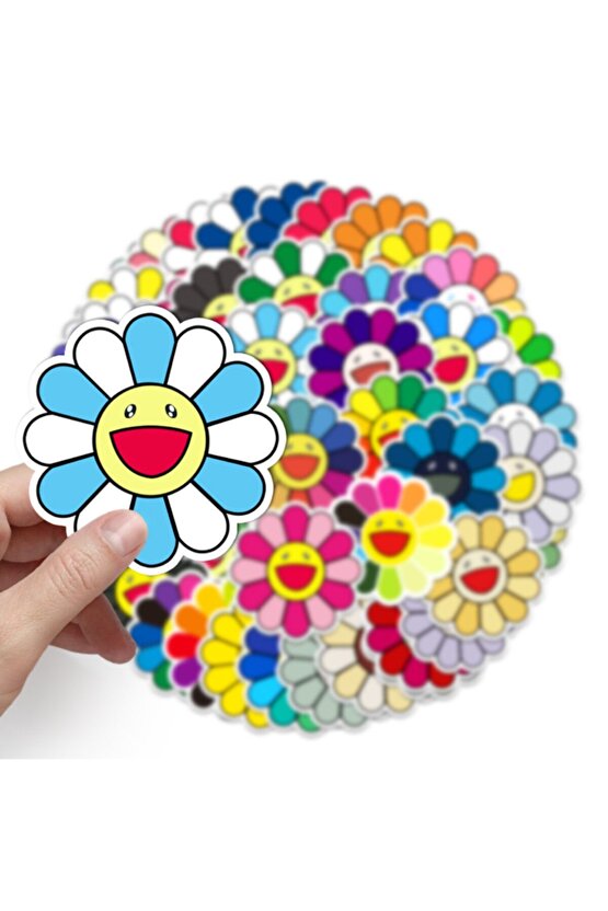 50 Adet Tekrarsız Renkli Çiçekler Kalite Pvc Sticker 02