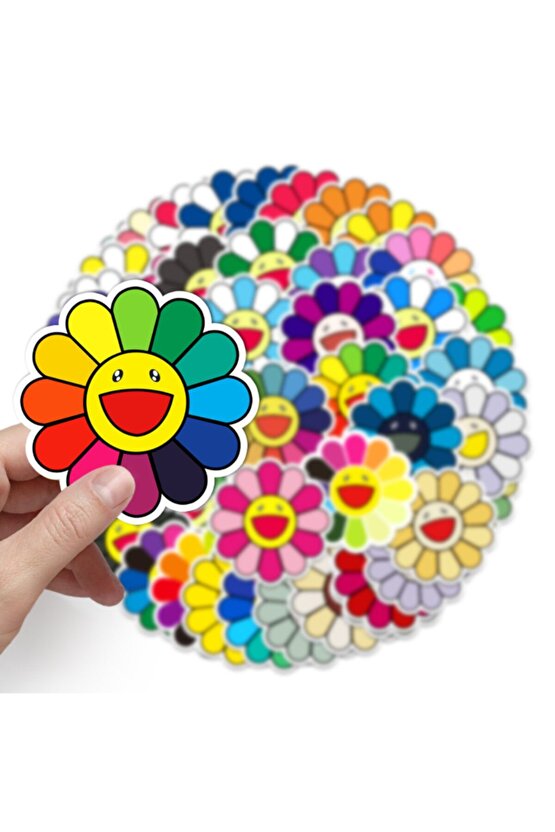 50 Adet Tekrarsız Renkli Çiçekler Kalite Pvc Sticker 02