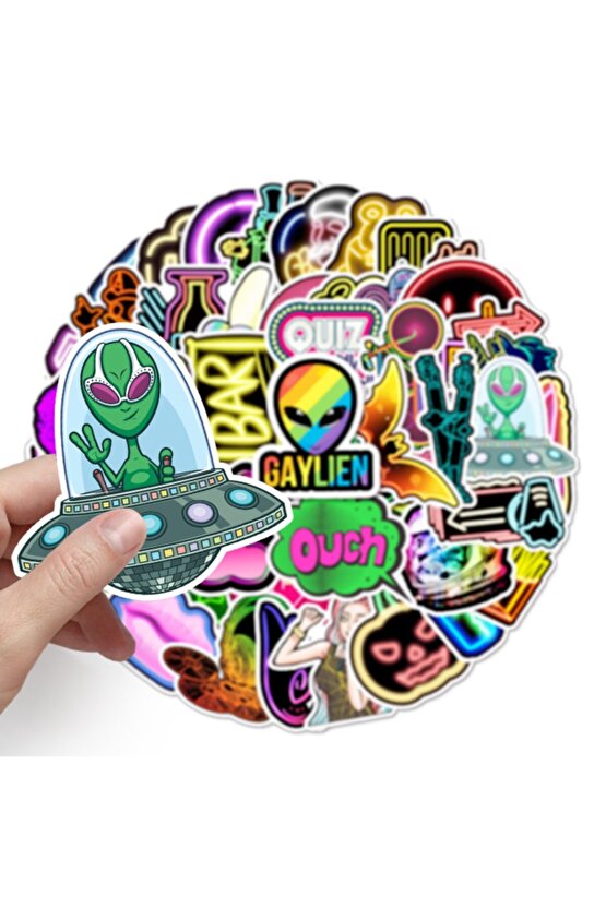 50 Adet Tekrarsız Neon Tarz Kalite Pvc Sticker Süs 010