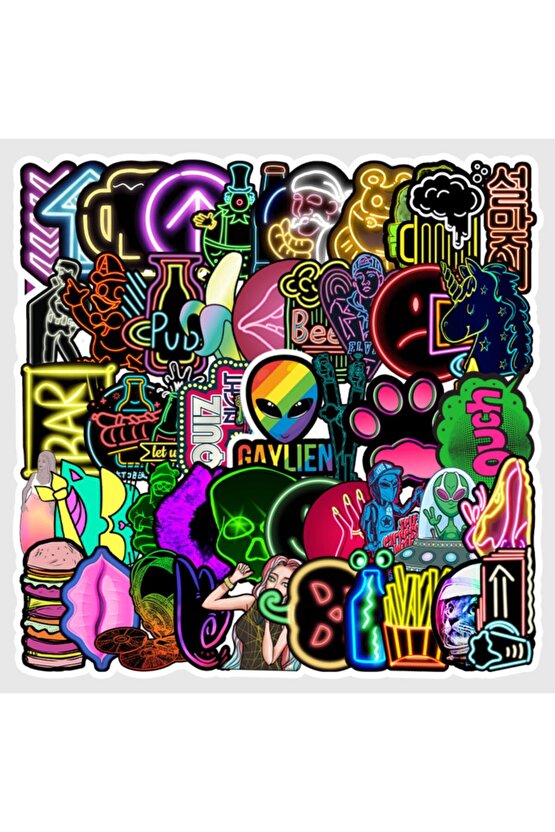 50 Adet Tekrarsız Neon Tarz Kalite Pvc Sticker Süs 010