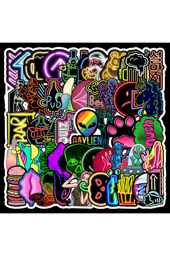 50 Adet Tekrarsız Neon Tarz Kalite Pvc Sticker Süs 010