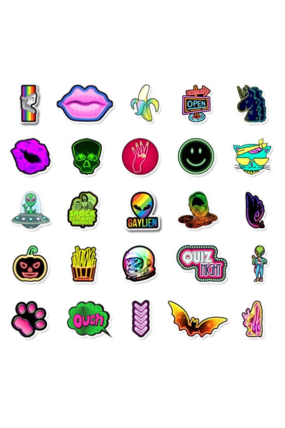 50 Adet Tekrarsız Neon Tarz Kalite Pvc Sticker Süs 010