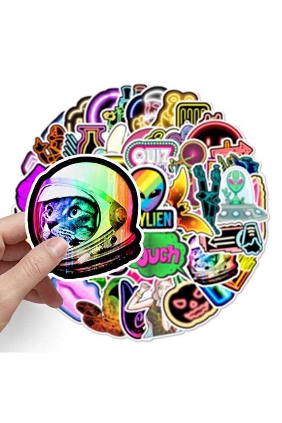50 Adet Tekrarsız Neon Tarz Kalite Pvc Sticker Süs 010