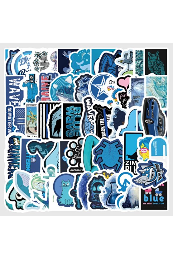 50 Adet Tekrarsız Mavi Tema Karışık Kalite Pvc Sticker 09