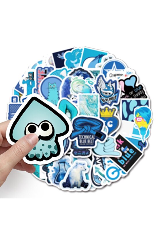 50 Adet Tekrarsız Mavi Tema Karışık Kalite Pvc Sticker 09