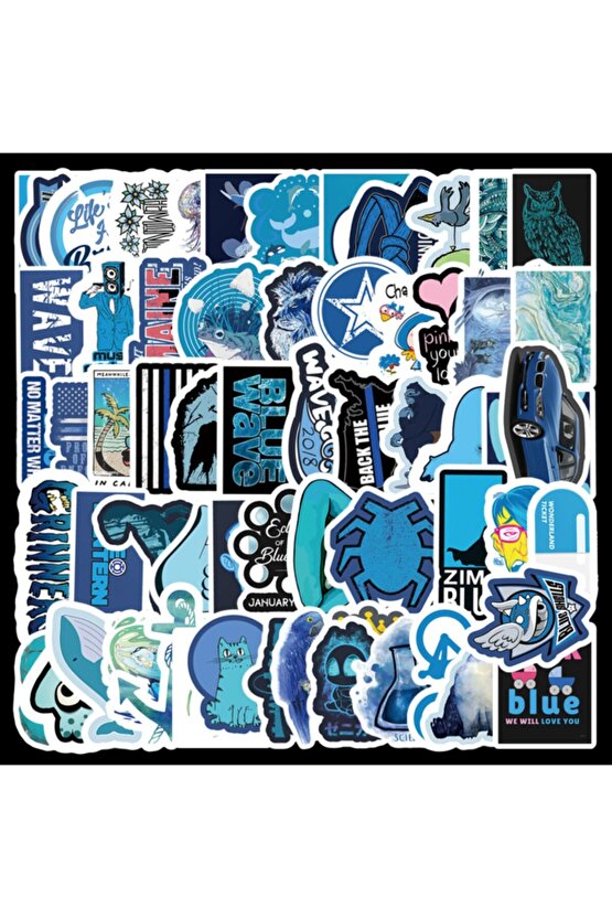 50 Adet Tekrarsız Mavi Tema Karışık Kalite Pvc Sticker 09