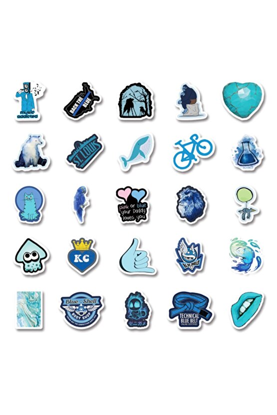 50 Adet Tekrarsız Mavi Tema Karışık Kalite Pvc Sticker 09