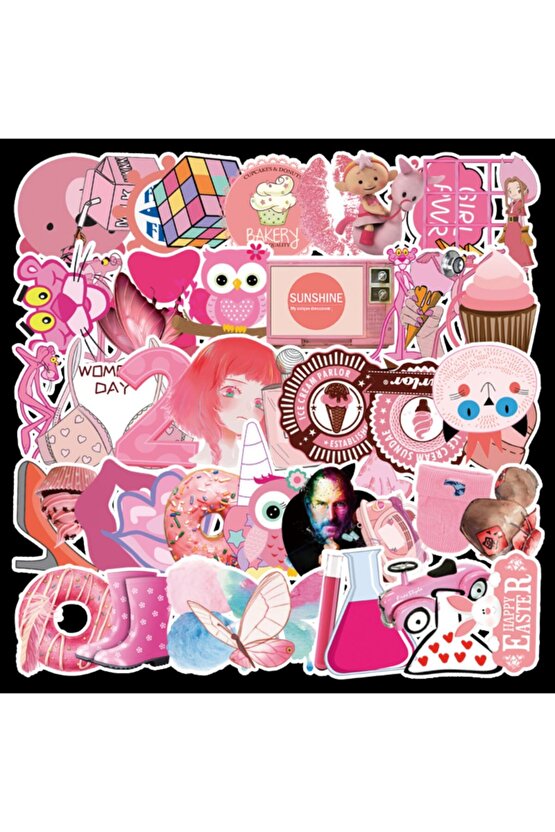 50 Adet Tekrarsız Pembe Karışık Kalite Pvc Sticker 08