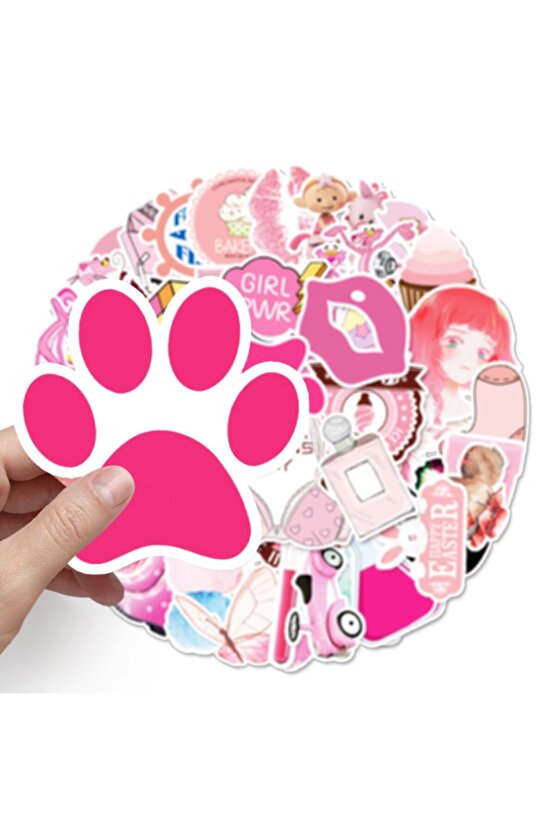 50 Adet Tekrarsız Pembe Karışık Kalite Pvc Sticker 08