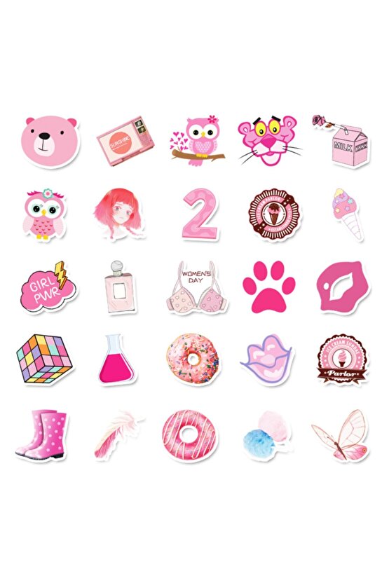 50 Adet Tekrarsız Pembe Karışık Kalite Pvc Sticker 08