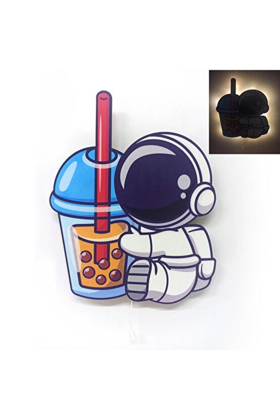 Astronot Içecek Ahşap Işıklı Çocuk Odası Duvar Tablosu