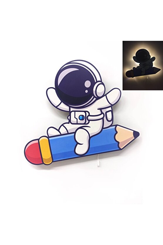 Kalem Astronot Ahşap Led Işıklı Çocuk Odası Duvar Tablosu
