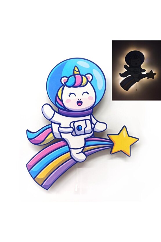 Unicorn Astronot Ahşap Işıklı Çocuk Odası Duvar Tablosu