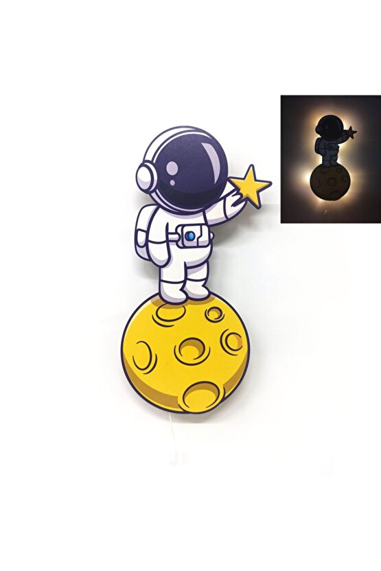 Ay Astronot Ahşap Işıklı Çocuk Odası Duvar Tablosu Dekor