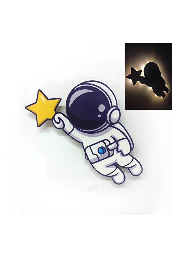 Yıldız Astronot Ahşap Işıklı Çocuk Odası Duvar Tablosu