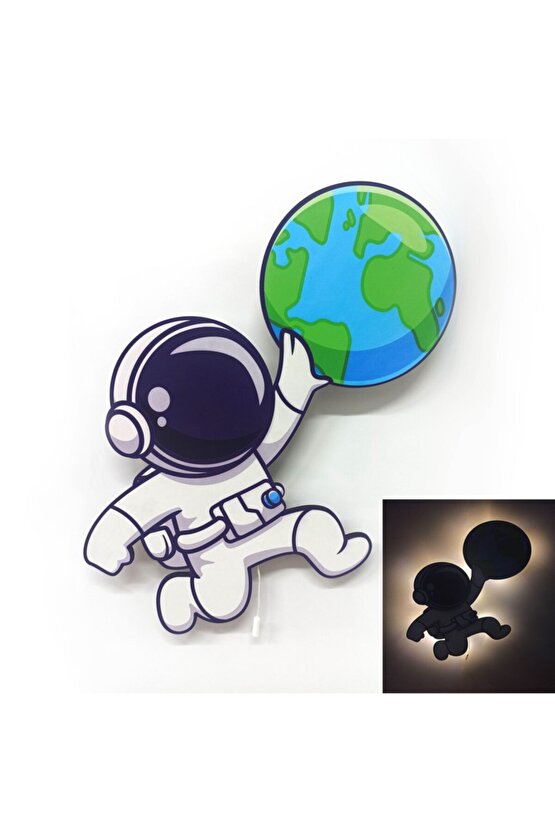 Dünya Astronot Ahşap Led Işıklı Çocuk Odası Duvar Tablosu