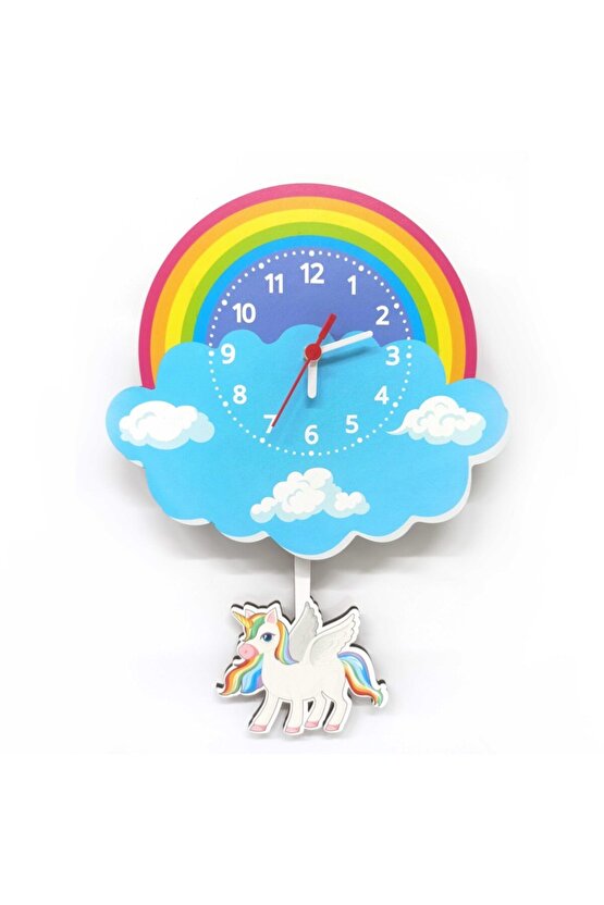 Sallanan Sarkaçlı Ahşap Unicorn Çocuk Odası Duvar Saati