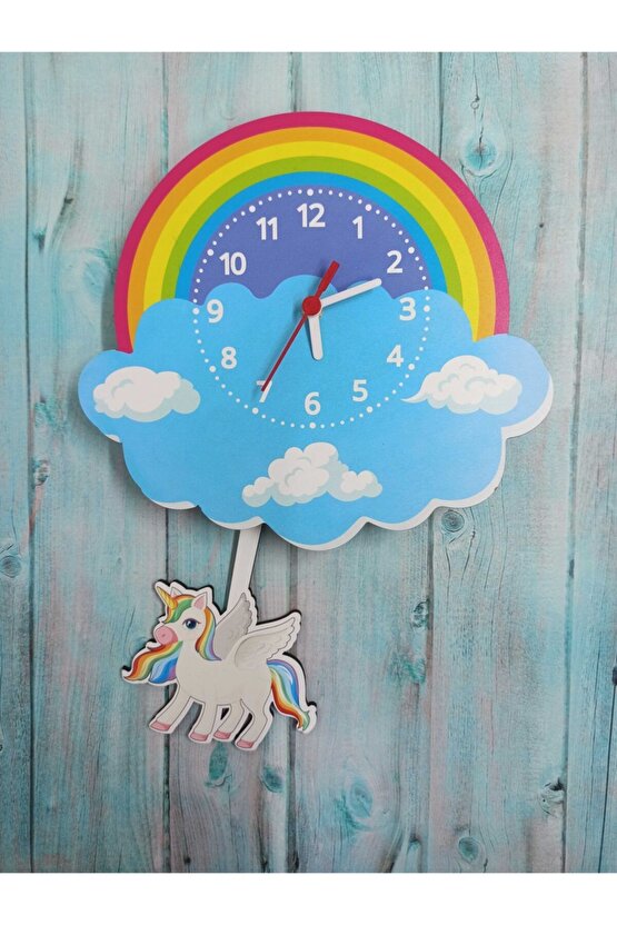 Sallanan Sarkaçlı Ahşap Unicorn Çocuk Odası Duvar Saati