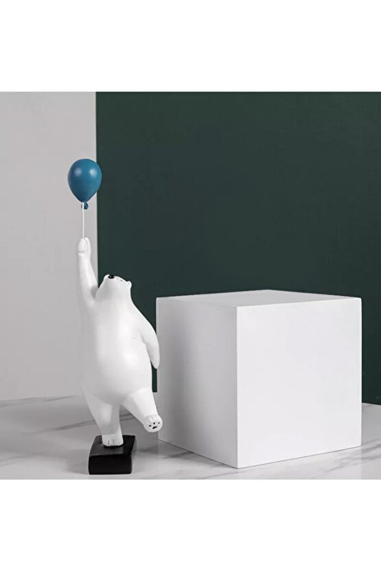 Dekoratif Sevimli Beyaz Balon Tutan Ayı Modern Biblo Süs